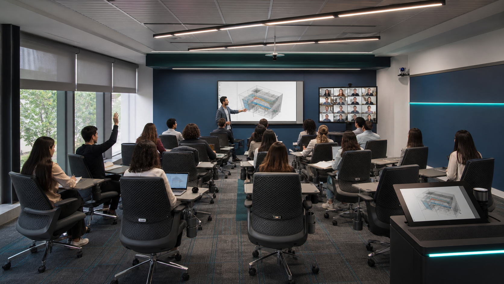 Visualización conceptual de un aula con estudiantes presenciales y a distancia