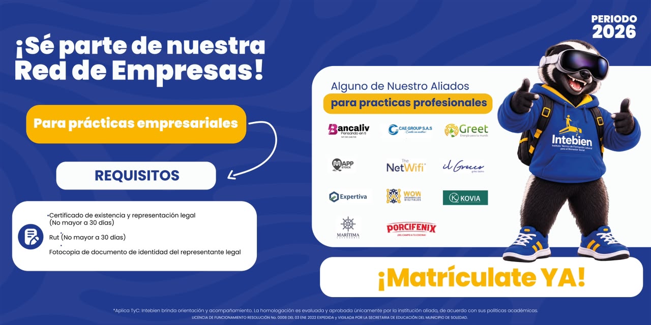 Pieza original aportada: red de empresas para prácticas empresariales, logos de aliados y tejón institucional con gafas.