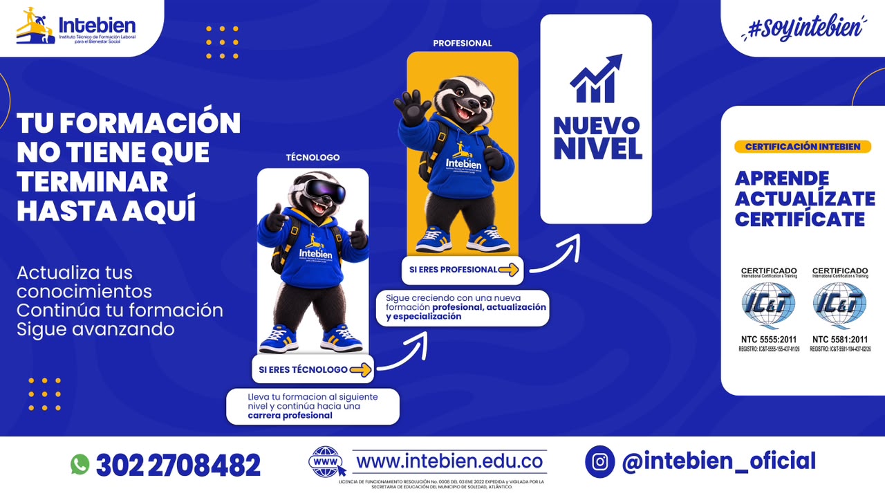 Pieza original de Intebien: continuidad de formación para tecnólogos y profesionales, con la mascota institucional en una ruta de avance.